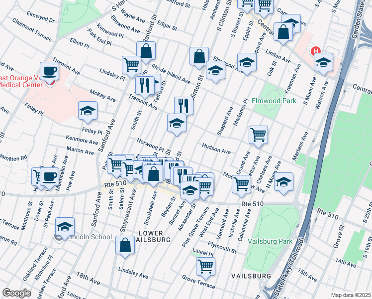 map of restaurants, bars, coffee shops, grocery stores, and more near 100 Brookwood Street in East Orange
