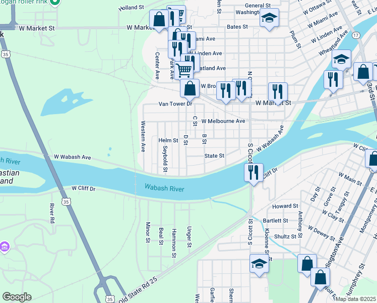 map of restaurants, bars, coffee shops, grocery stores, and more near 921 Helm Street in Logansport