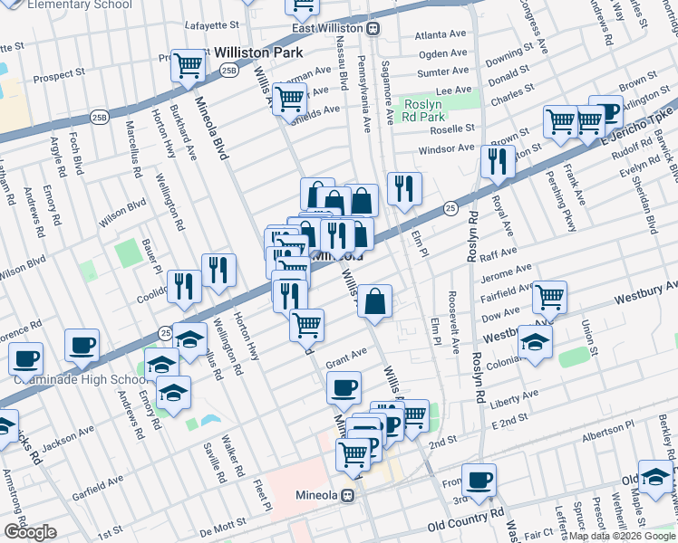 map of restaurants, bars, coffee shops, grocery stores, and more near 143 Jericho Turnpike in Mineola