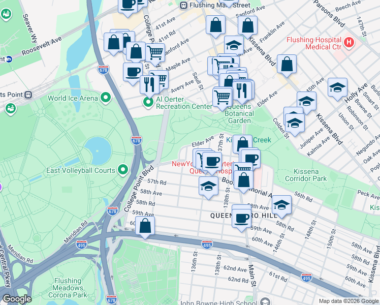 map of restaurants, bars, coffee shops, grocery stores, and more near 56-04 135th Street in Queens