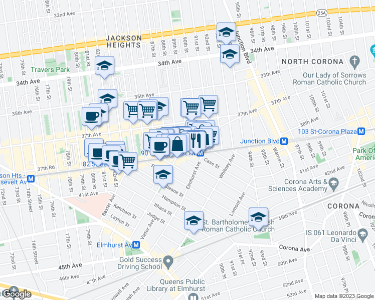map of restaurants, bars, coffee shops, grocery stores, and more near 37-64 89th Street in Queens