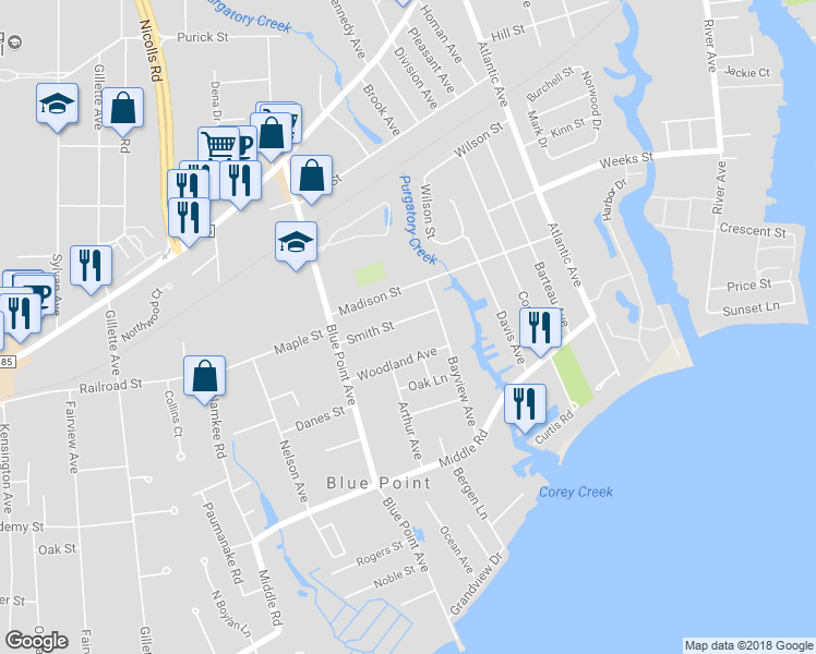 map of restaurants, bars, coffee shops, grocery stores, and more near 32 Smith Street in Blue Point