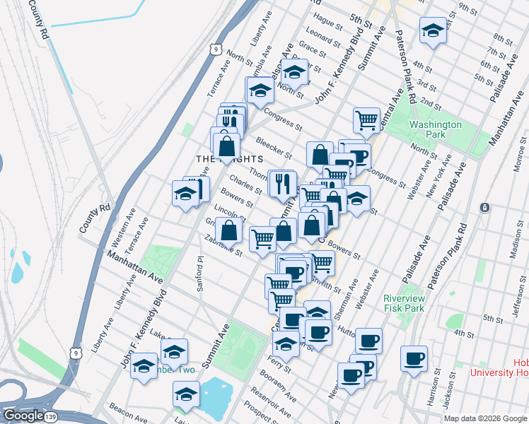 map of restaurants, bars, coffee shops, grocery stores, and more near 210A Bowers Street in Jersey City