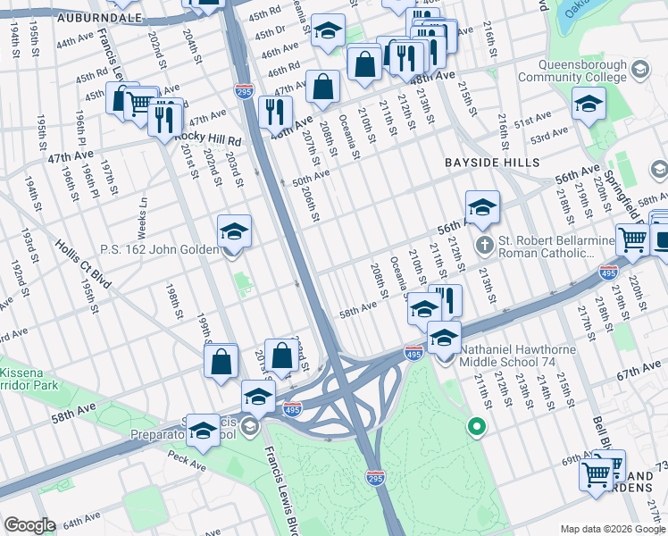 map of restaurants, bars, coffee shops, grocery stores, and more near 56th Avenue in Queens