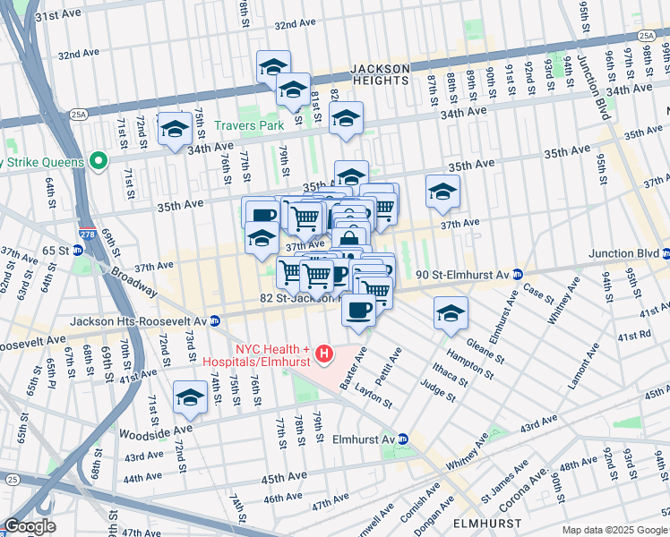 map of restaurants, bars, coffee shops, grocery stores, and more near 37-30 81st Street in Queens