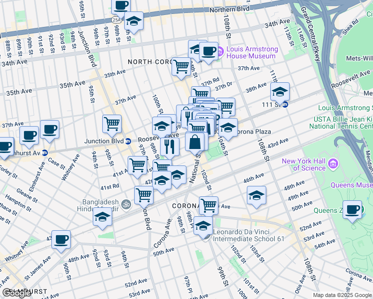 map of restaurants, bars, coffee shops, grocery stores, and more near 100-06 40th Road in Queens