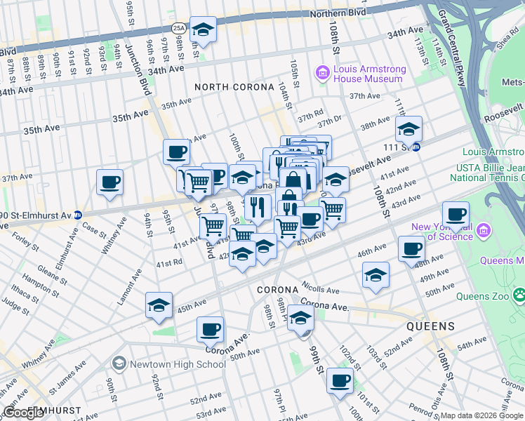 map of restaurants, bars, coffee shops, grocery stores, and more near 100-06 40th Road in Queens