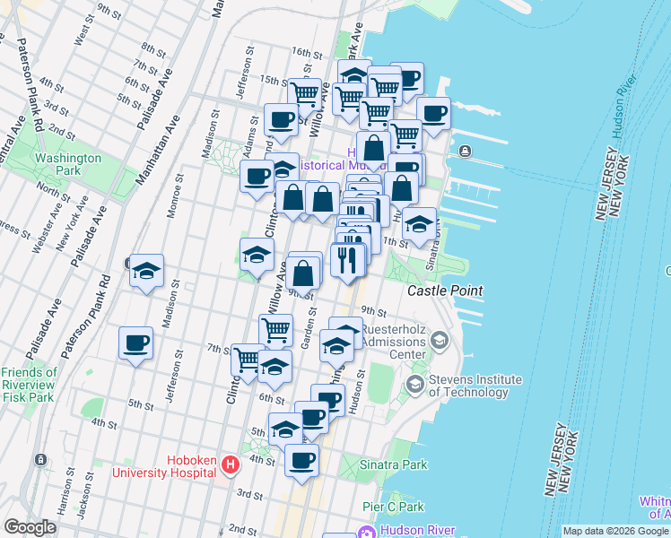 map of restaurants, bars, coffee shops, grocery stores, and more near in Hoboken