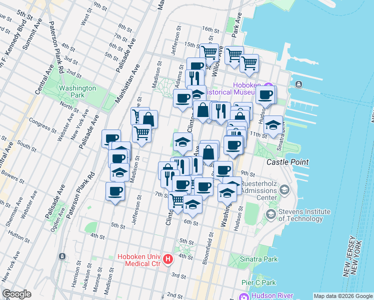 map of restaurants, bars, coffee shops, grocery stores, and more near 10th Street in Hoboken