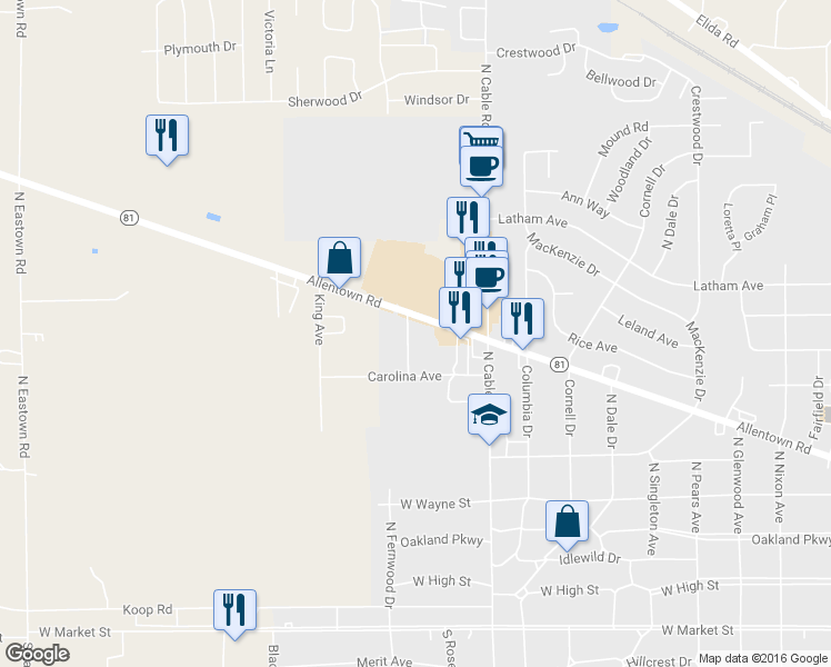 map of restaurants, bars, coffee shops, grocery stores, and more near 2195 Allentown Road in Lima