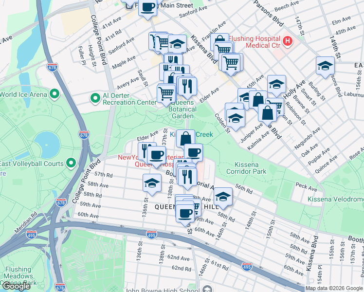 map of restaurants, bars, coffee shops, grocery stores, and more near 55-14 Main Street in Queens