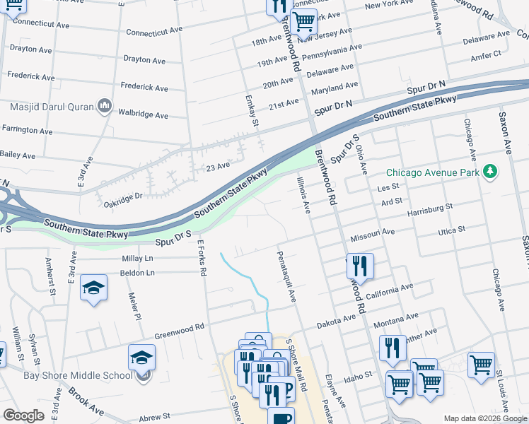 map of restaurants, bars, coffee shops, grocery stores, and more near 15 Newbrook Lane in Bay Shore