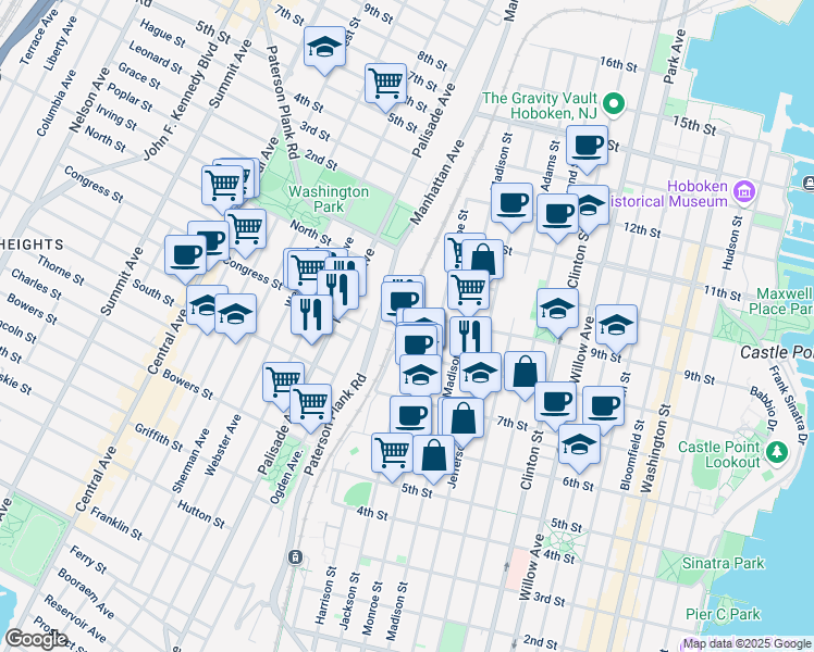 map of restaurants, bars, coffee shops, grocery stores, and more near 800 Jackson Street in Hoboken