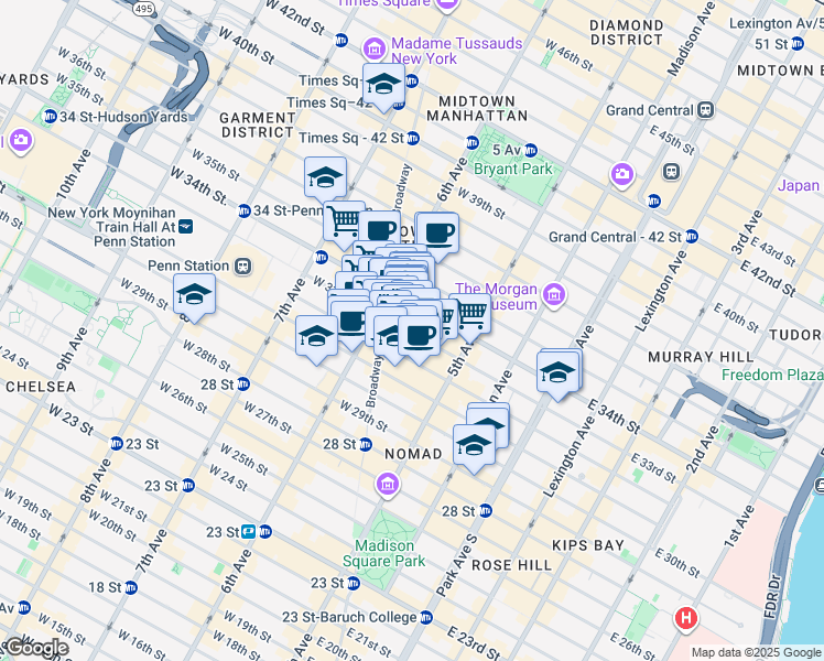 map of restaurants, bars, coffee shops, grocery stores, and more near 1270 Broadway in New York