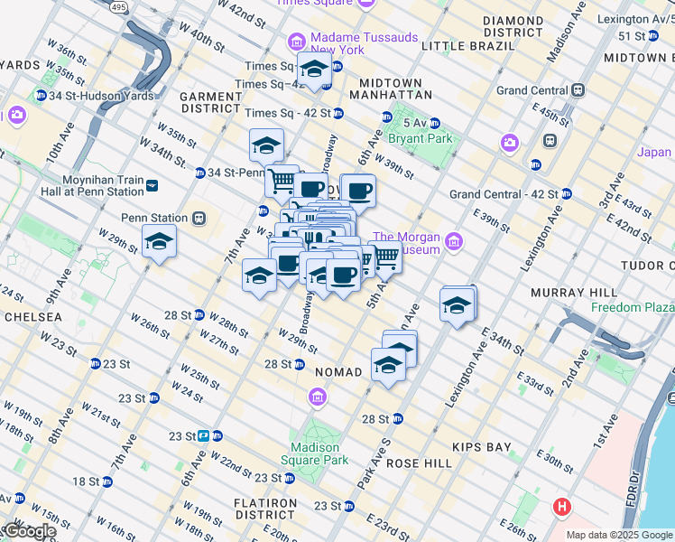 map of restaurants, bars, coffee shops, grocery stores, and more near 1270 Broadway in New York