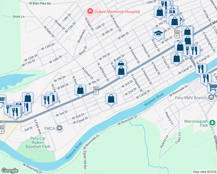 map of restaurants, bars, coffee shops, grocery stores, and more near 350-398 West Main Street in Peru