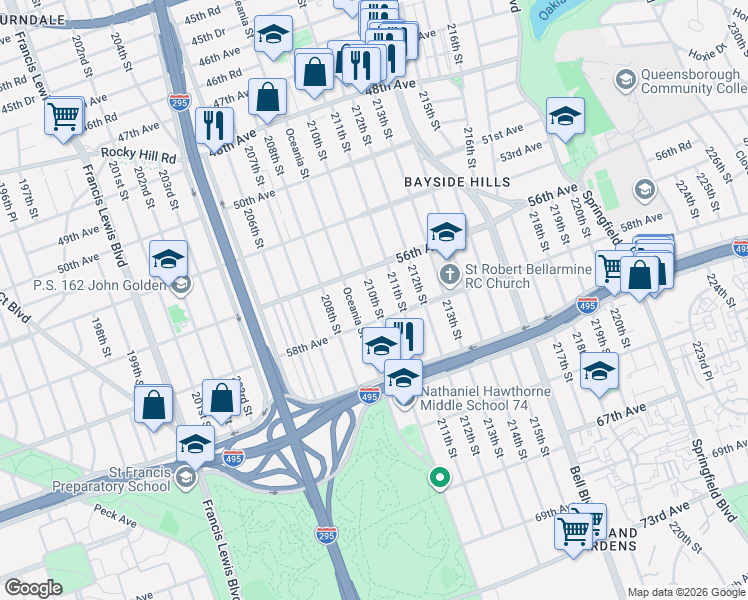 map of restaurants, bars, coffee shops, grocery stores, and more near 56-20 210th Street in Queens
