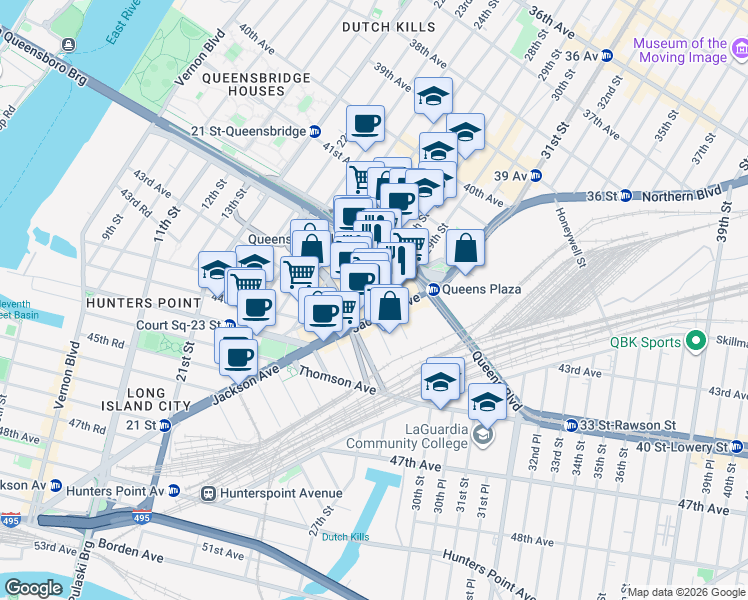 map of restaurants, bars, coffee shops, grocery stores, and more near 28-03 Jackson Avenue in Queens