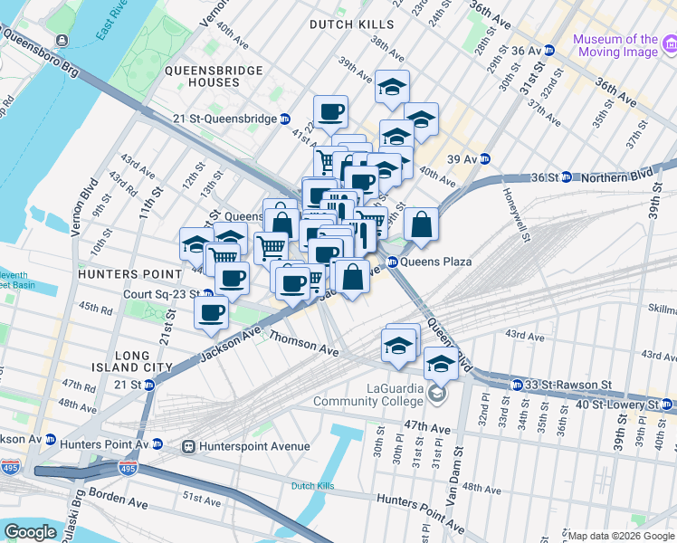 map of restaurants, bars, coffee shops, grocery stores, and more near 42-51 Hunter Street in Queens