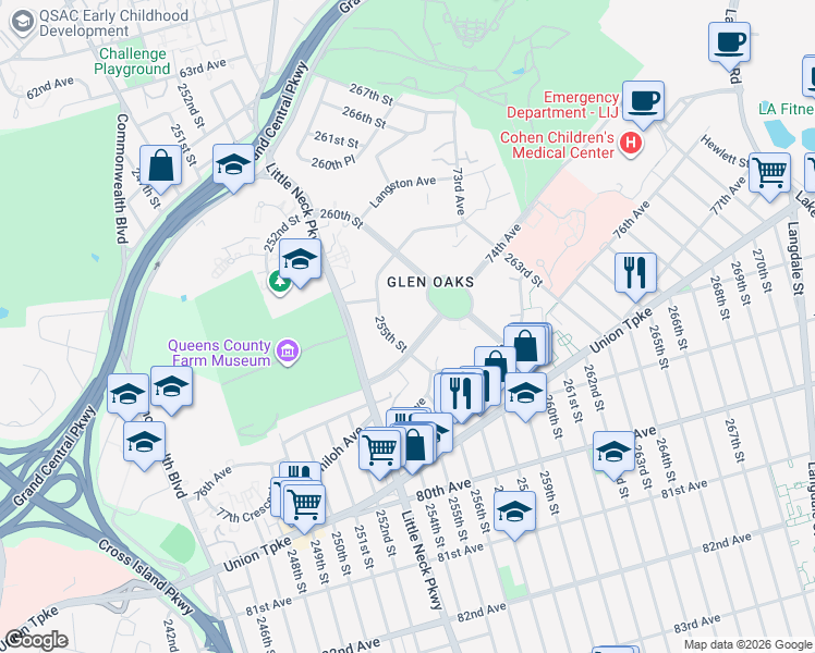 map of restaurants, bars, coffee shops, grocery stores, and more near 255-27 74th Avenue in Queens