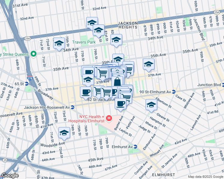 map of restaurants, bars, coffee shops, grocery stores, and more near 37-20 81st Street in Queens