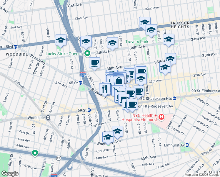 map of restaurants, bars, coffee shops, grocery stores, and more near in Queens
