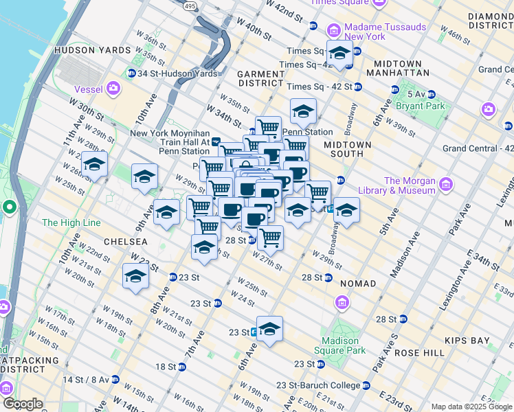 map of restaurants, bars, coffee shops, grocery stores, and more near 222w West 30th Street in New York