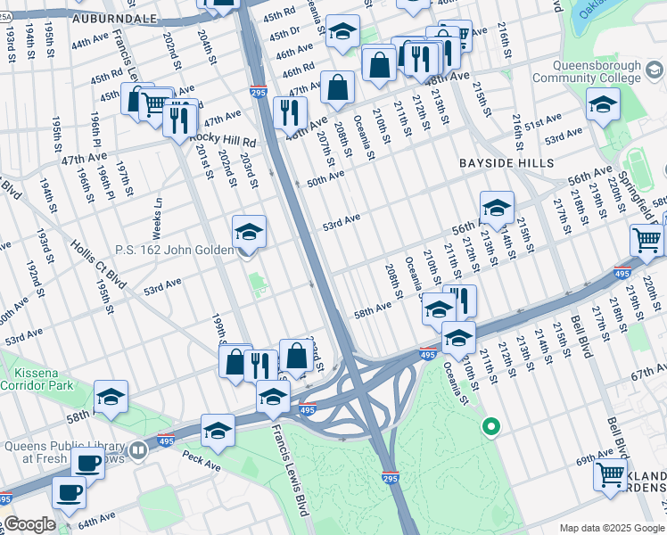 map of restaurants, bars, coffee shops, grocery stores, and more near 53-35 Clearview Expressway in Queens