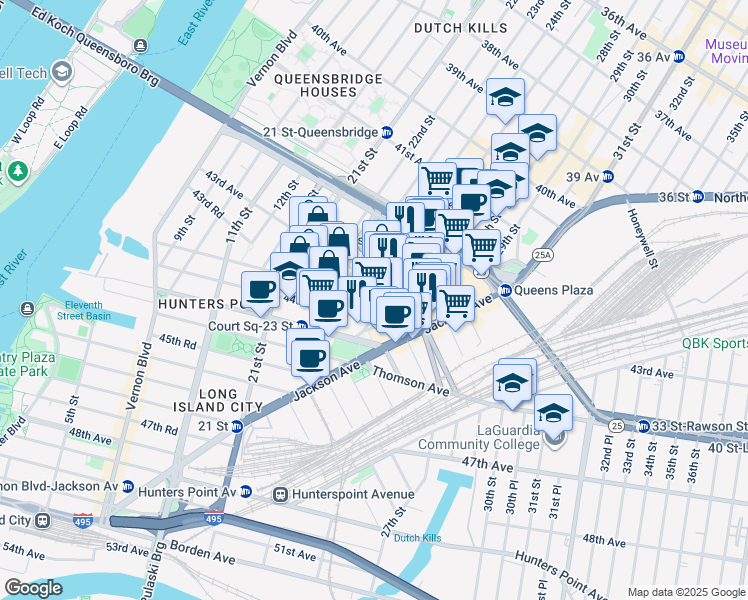 map of restaurants, bars, coffee shops, grocery stores, and more near 43-10 Crescent Street in Queens