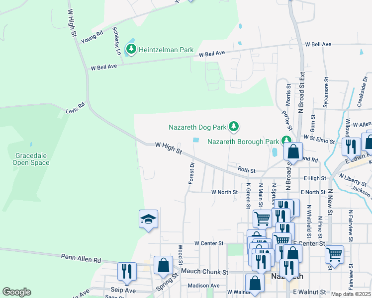 map of restaurants, bars, coffee shops, grocery stores, and more near 412 West High Street in Nazareth