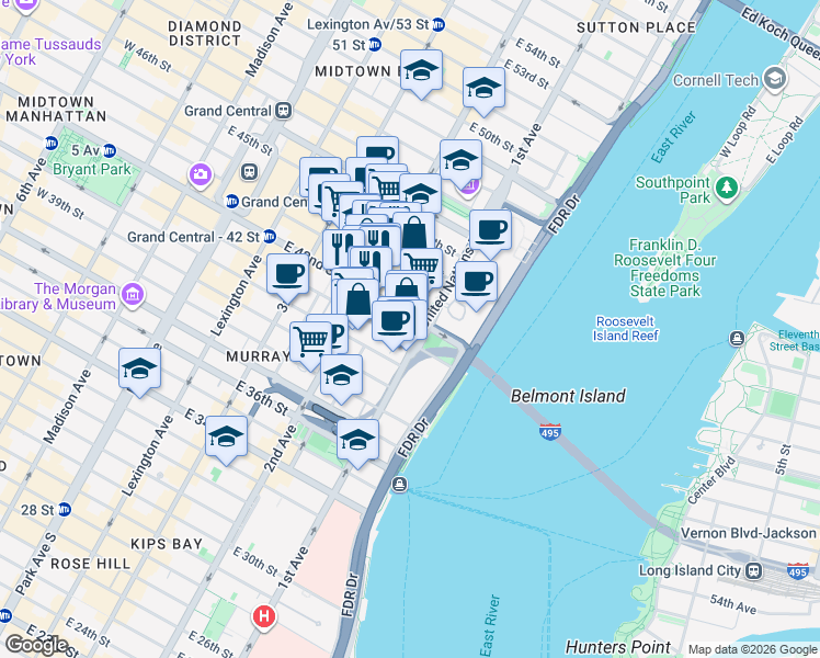 map of restaurants, bars, coffee shops, grocery stores, and more near 25 Tudor City Place in New York