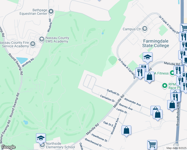 map of restaurants, bars, coffee shops, grocery stores, and more near 377 Carnation Drive in Farmingdale