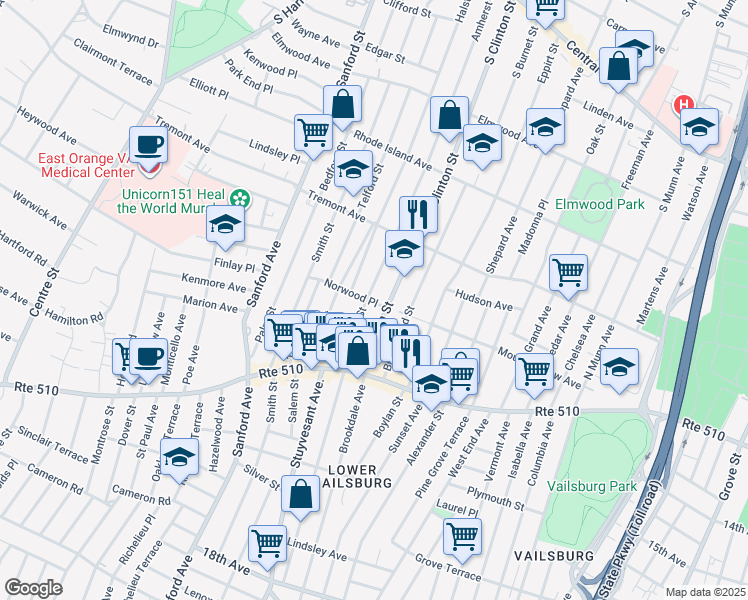map of restaurants, bars, coffee shops, grocery stores, and more near 507 South Clinton Street in East Orange