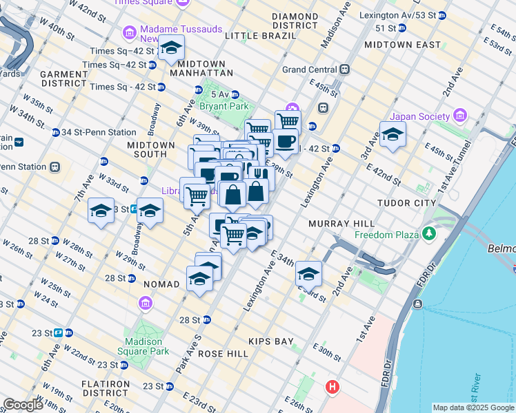map of restaurants, bars, coffee shops, grocery stores, and more near 37 East 36th Street in New York