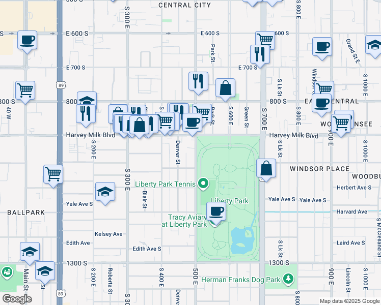 map of restaurants, bars, coffee shops, grocery stores, and more near 935 Denver Street in Salt Lake City