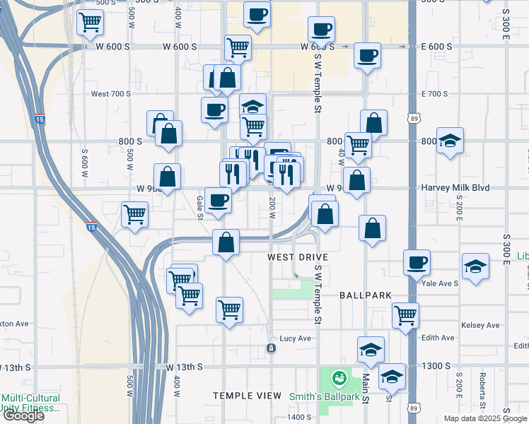 map of restaurants, bars, coffee shops, grocery stores, and more near 932 200 West in Salt Lake City