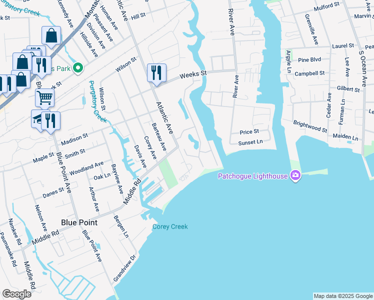 map of restaurants, bars, coffee shops, grocery stores, and more near 32 Atlantic Avenue in Blue Point