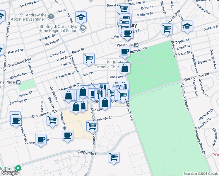 map of restaurants, bars, coffee shops, grocery stores, and more near 58 Bedford Avenue in Westbury