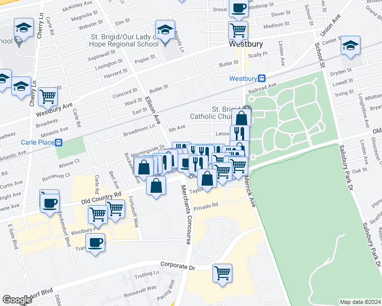 map of restaurants, bars, coffee shops, grocery stores, and more near 38 Bedford Avenue in Westbury