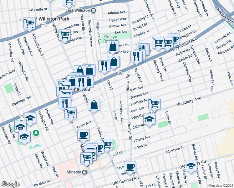 map of restaurants, bars, coffee shops, grocery stores, and more near 244 Elm Place in Mineola