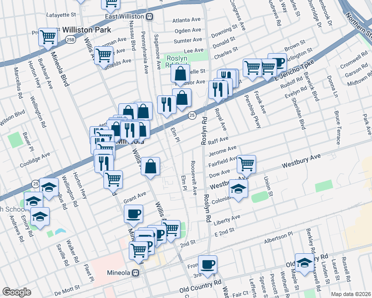 map of restaurants, bars, coffee shops, grocery stores, and more near 244 Elm Place in Mineola