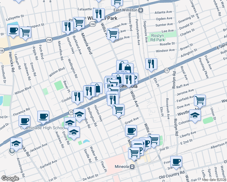 map of restaurants, bars, coffee shops, grocery stores, and more near 296 Mineola Boulevard in Mineola