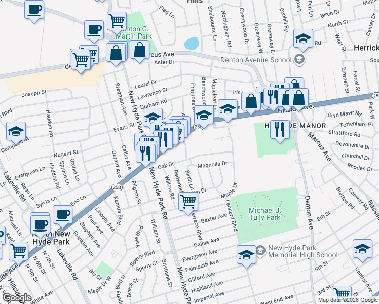 map of restaurants, bars, coffee shops, grocery stores, and more near 35 Oak Drive in New Hyde Park