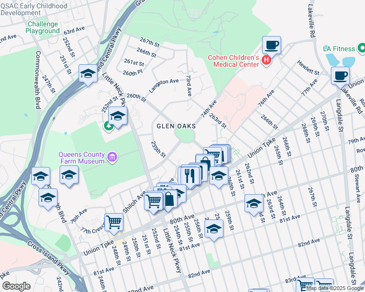 map of restaurants, bars, coffee shops, grocery stores, and more near 255-48 74th Avenue in Queens