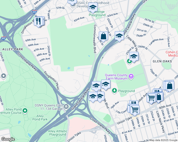 map of restaurants, bars, coffee shops, grocery stores, and more near 243-70 72nd Avenue in Queens