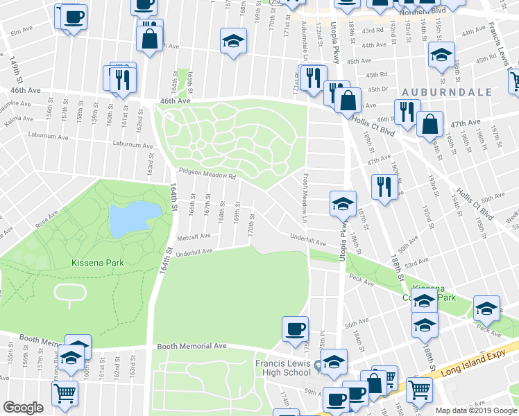 map of restaurants, bars, coffee shops, grocery stores, and more near 170-16 Pidgeon Meadow Road in Queens