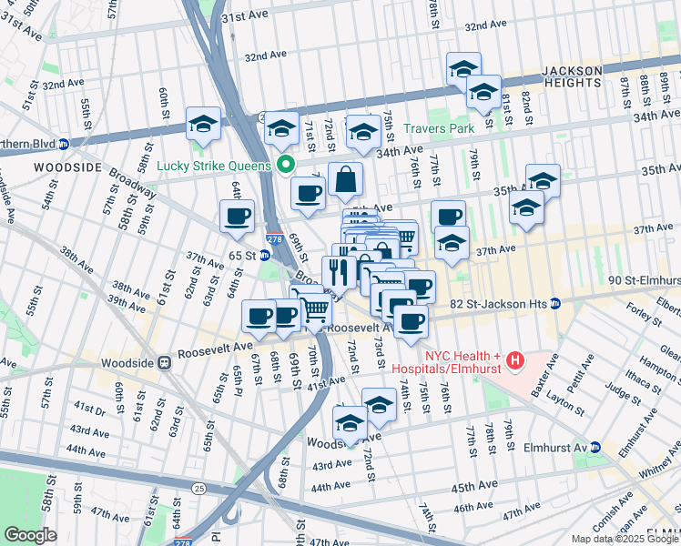 map of restaurants, bars, coffee shops, grocery stores, and more near in Queens