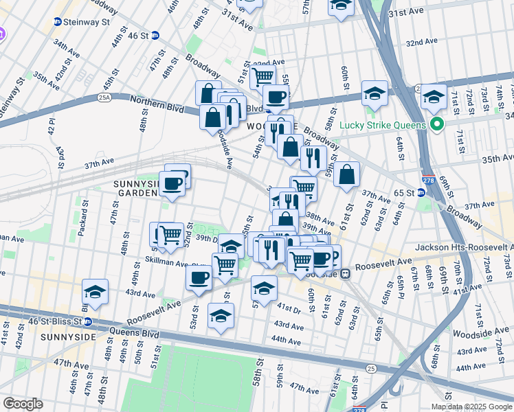 map of restaurants, bars, coffee shops, grocery stores, and more near 38-28 55th Street in Queens