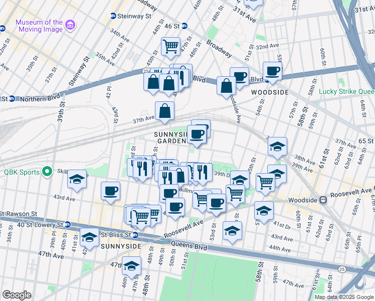 map of restaurants, bars, coffee shops, grocery stores, and more near 49-13 39th Avenue in Queens