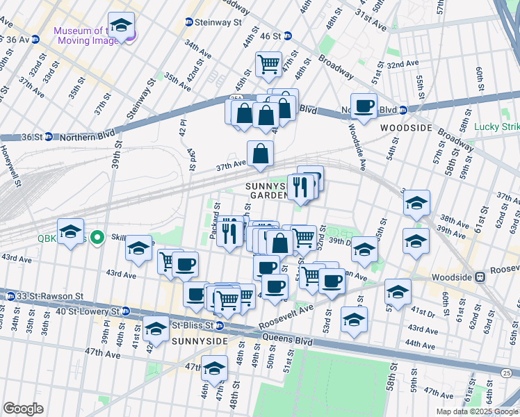 map of restaurants, bars, coffee shops, grocery stores, and more near in Queens
